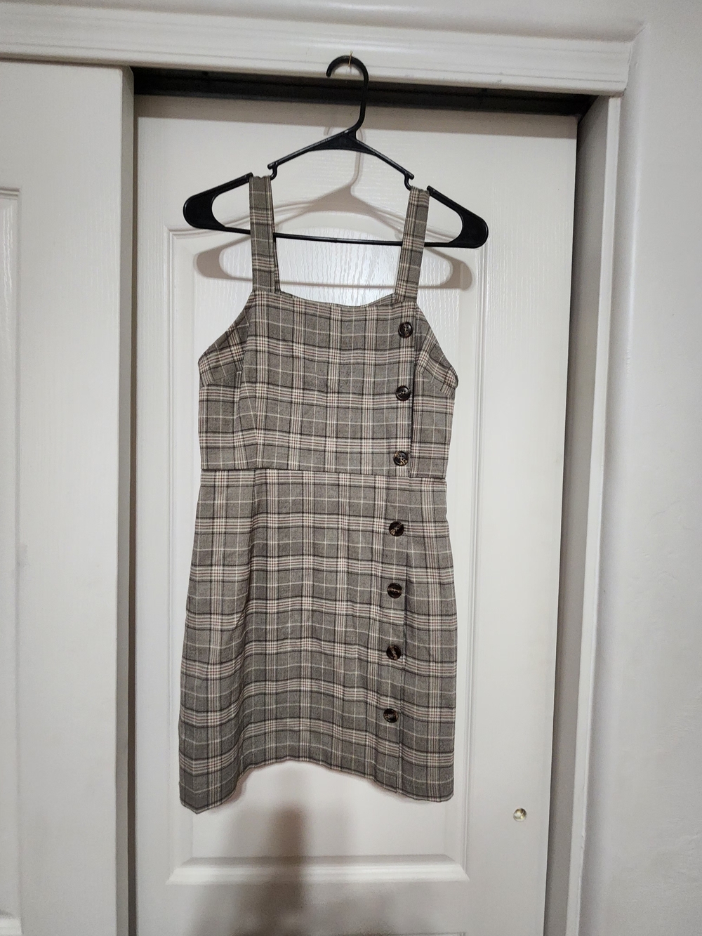 Plaid Button-Front Square Neck Mini Dress in Taupe